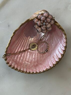 HANDCRAFTED Peachy Pink Real Shell Jewelry Dish with Floral Accent
